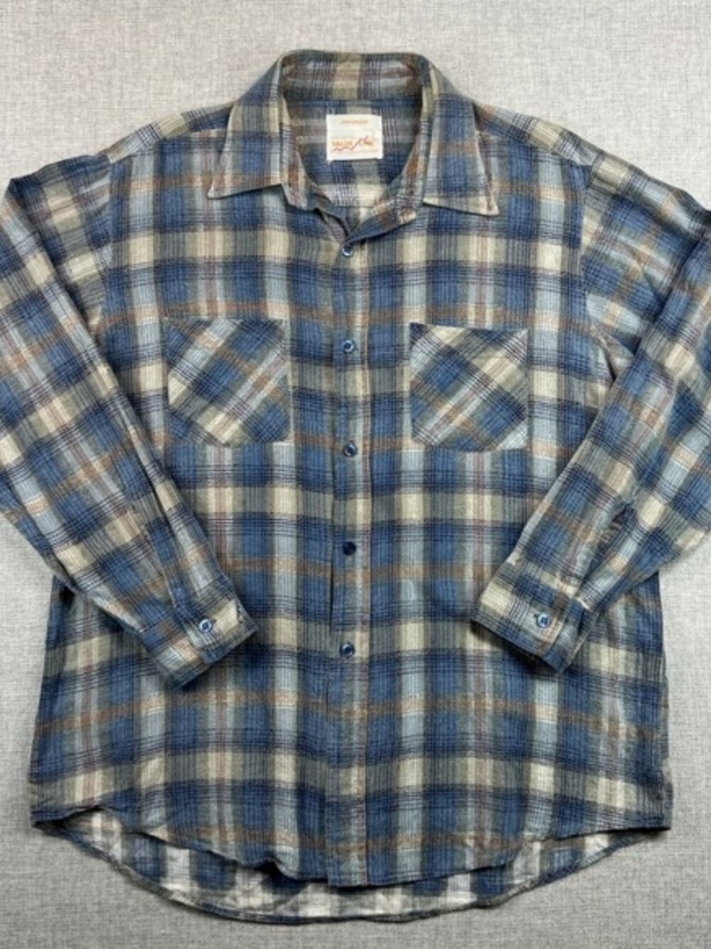 VTG 80s Value Line Sanforized Cotton Flannel Shirt Mens L Blue Tan Plaid Soft